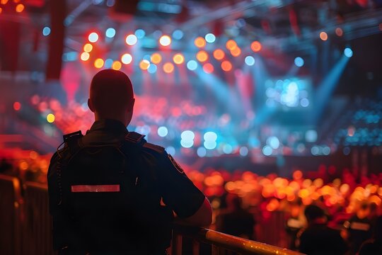 Blurred concert venue behind a security guard in black attire facing away. Concept Concert Venue, Security Guard, Blurred Background, Black Attire, Rear View