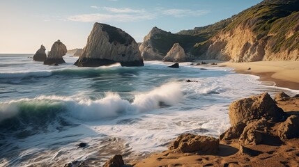 Crashing waves and rugged cliffs at a secluded beach nature scene
