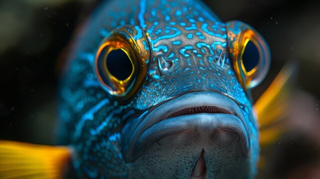  A detailed image showcases a fish's visage with accentuated eyes in hues of yellow and blue against a dark backdrop