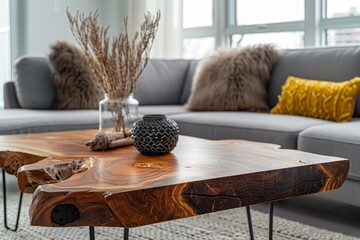 A wooden coffee table is placed in the living room next to a couch. This furniture piece adds warmth and character to the interior design of the building