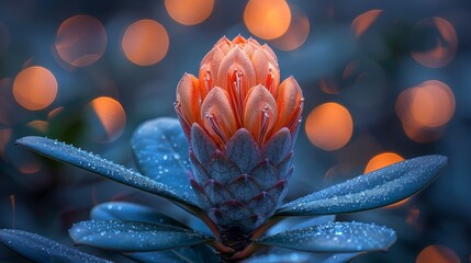  A macro photo of a flower with water droplets on its petals, set against a blurred backdrop of lights