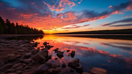 Beautiful lake with vibrant sunset and dramatic sky