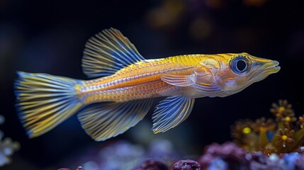 Obraz premium Yellow-blue fish in aquarium with corals, background