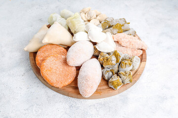 Raw semi finished frozen products, meals.