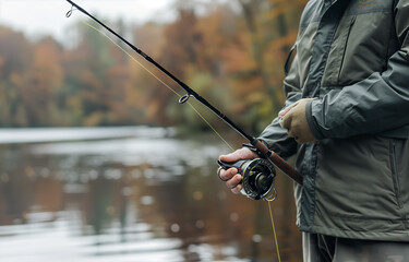 A closeup of the hands and fishing rod held by an outdoorsman, with blurred background showing river or lake in autumn season