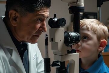 a doctor is examining a young boy s eye through a microscope . High quality