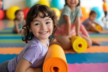 Children in colorful yoga mats laugh and play at a daycare center. Concept Playful Poses, Colorful Props, Joyful Portraits, Kids Activities, Yoga Mats