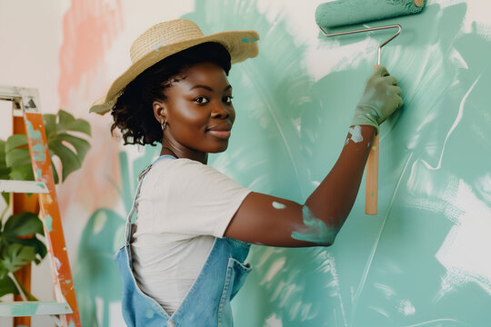 A woman painting the wall of her living room with a roller, wearing overalls and a straw hat while doing home improvement