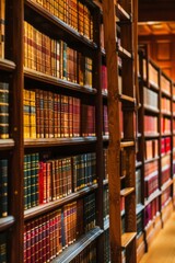 A law firm's library, filled with rows of legal texts, statutes, and reference materials, where attorneys conduct research and prepare for cases, Generative AI