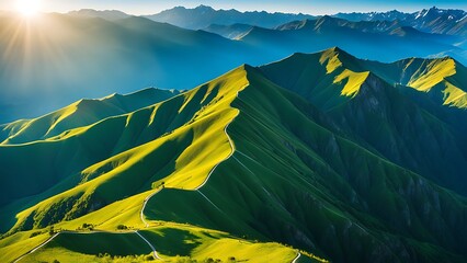the sun shines over a mountain range with green grass - Powered by Adobe