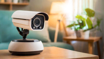 Close-up of a CCTV modern security camera above a wooden table in a living room, using for recording and monitoring the criminals scene. Generative Ai. - obrazy, fototapety, plakaty