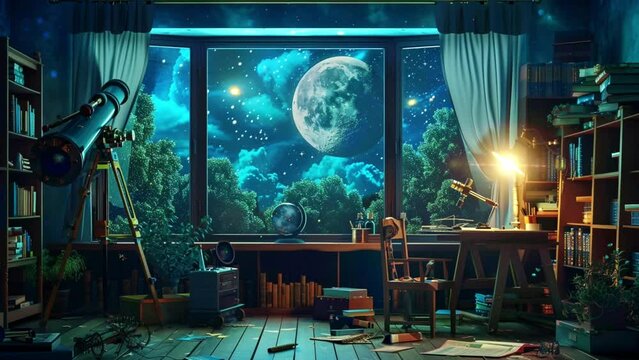 Create an observatory in your study room, complete with telescopes and stargazing equipment, overlooking a serene garden, Seamless looping 4k video background animation