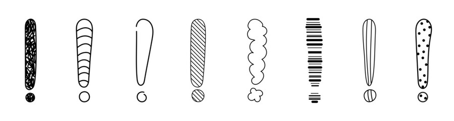 Doodle exclamation mark hand drawn sketch vector illustration set isolated on white background. Collection of various exclamation marks attention punctuation black and white freehand scribble symbols.