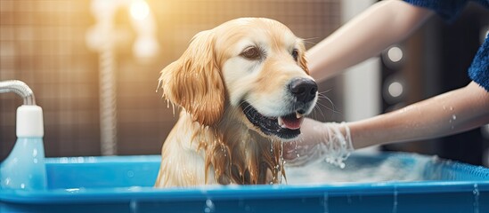 A cute pet dog enjoying a bath in a vibrant blue tub filled with water and surrounded by bubbles