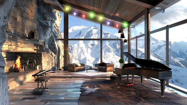 Natural stone design enhances a mountain music studio's aesthetic, Seamless looping 4k video background animation