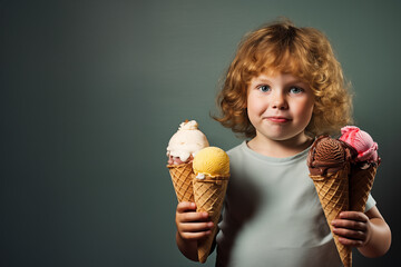 a handsome little boy holds 4 ice cream cones on a stylish dark green background with space for text - 764553102