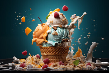 a tub overflowing with ice cream of different flavors, pieces of fruit on a solid bluish background - 764553120
