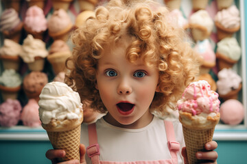 a pretty blonde girl with blue eyes very happy and surprised because she will be able to eat two ice creams from the ice cream shop - obrazy, fototapety, plakaty