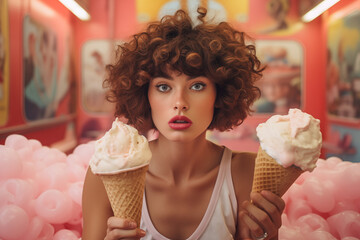 Attractive woman holds two ice creams in a sweet shop in a surreal pastel environment