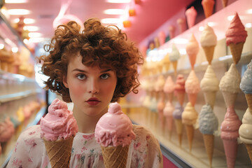 Attractive woman holds two ice creams in a sweet shop in a surreal pastel environment - 764553159