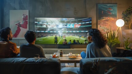 Fototapeta premium Three friends enjoy game on TV, comfy sofa, snacks, warm light. Cozy living room with people enjoying a game, snacks on the table.