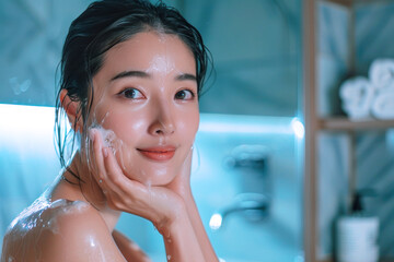 Chinese woman wash her face with facial foam and water, beauty skin care