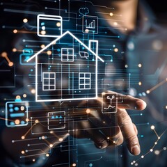Man touching a virtual house icon for analyzing mortgage loans and real estate investments, focusing on interest rates and investment planning.