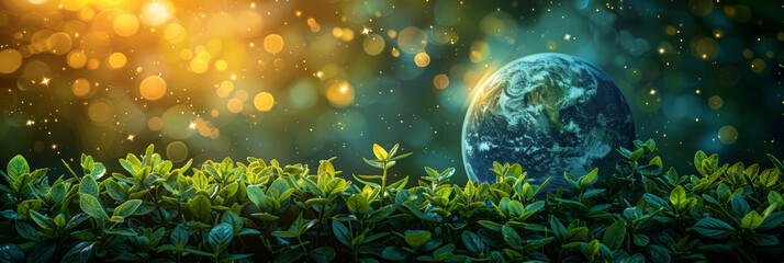 A banner dedicated to Earth Day and environmental protection, depicting the planet against a forest background. - obrazy, fototapety, plakaty