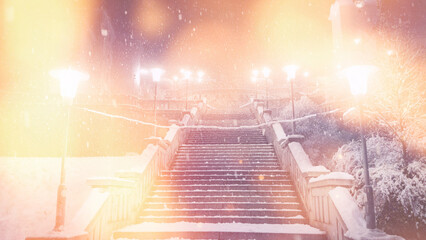Snow covered stairs lit by glowing night lamps. Light effect.