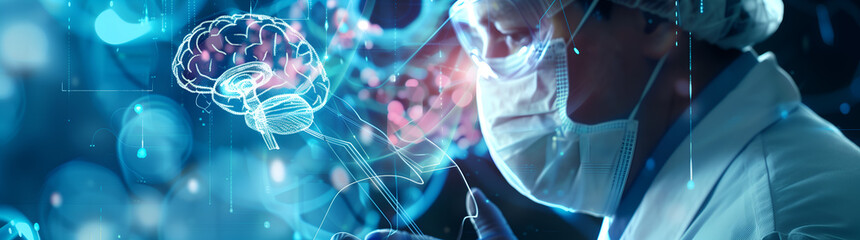 A scientist in a white coat and mask stands in the background of a digital hologram brain - obrazy, fototapety, plakaty