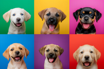 Collage of cute puppies with happy facial expression on colorful grid background