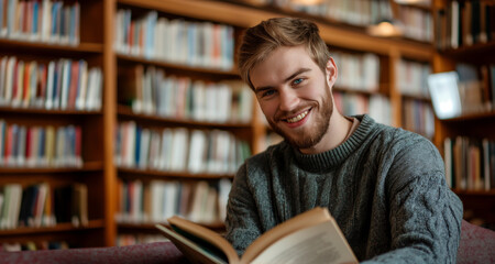 Friendly young man or student reads a book in a library or bookshop and looks friendly into the camera - topic reading, education and studying - 764553938