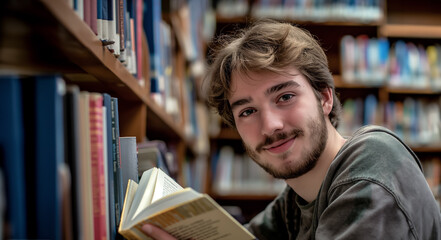 Friendly young man or student reads a book in a library or bookshop and looks friendly into the camera - topic reading, education and studying - 764553939