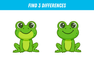 Find 3 differences between two pictures of cute frog. Cartoon froglet. Activity page. 