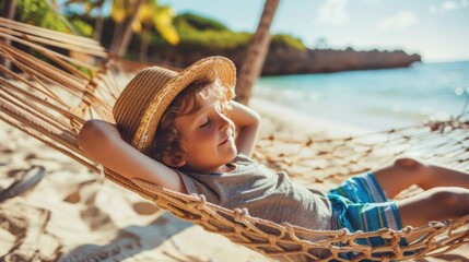 A boy is resting in a hammock against the backdrop of the sea beach. Time for rest, sleep and relaxation in the open air.