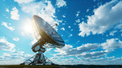 a large satellite dish in the desert with blue sky and clouds