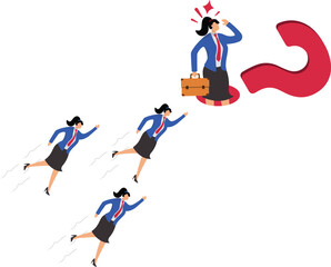 Competition in profession or business, competition for the best employees, competition for candidates, businesswomen leaping and flying towards unknown candidates