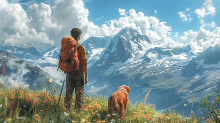 Raamstickers A man walks his dog in a beautiful mountain landscape © senadesign