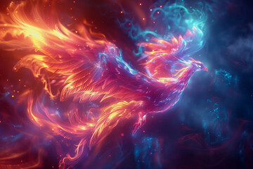 hologram of a transparent mythical phoenix glowing with ethereal radiance.