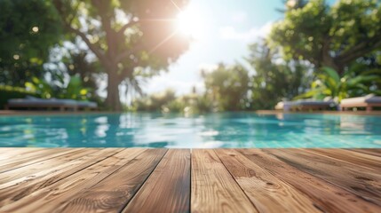Smooth and shiny wooden deck by a serene pool, perfect for relaxation and leisure moments - obrazy, fototapety, plakaty