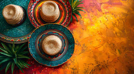 Carnival fiesta cinco de mayo, yellow green red background. copy space.