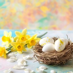 Obraz premium Easter holiday celebration banner with white and yellow eggs in a nest basket and daffodil flowers symbolizing the joy of Easter.