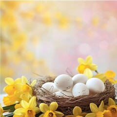 Obraz premium Festive Easter holiday banner with white and yellow eggs in a nest basket and daffodil flowers, perfect for greeting cards or banners.