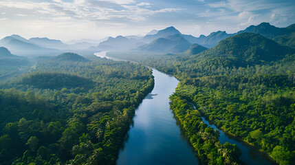 Beautiful tropical forest and rivers in thailand Beautiful natural scenery of river in southeast Asia tropical green forest  with mountains in background, aerial view drone shot, Generative Ai - obrazy, fototapety, plakaty