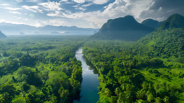 Beautiful tropical forest and rivers in thailand Beautiful natural scenery of river in southeast Asia tropical green forest  with mountains in background, aerial view drone shot, Generative Ai