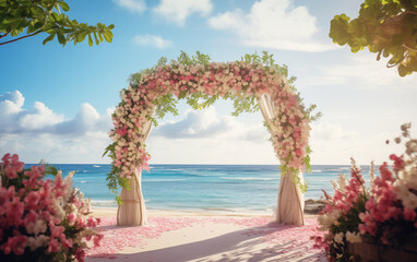 wedding decoration on the beach bathed in beautiful light.