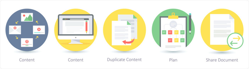 A set of 5 Seo icons as content, duplicate content, plan - obrazy, fototapety, plakaty