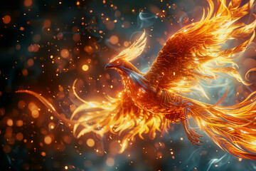 hologram of a transparent mythical phoenix glowing with ethereal radiance.