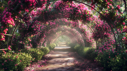 Archway covered in blooming bougainvillea, creating a natural tunnel of flowers