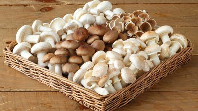 Assorted mushrooms in a wicker basket on wooden background.